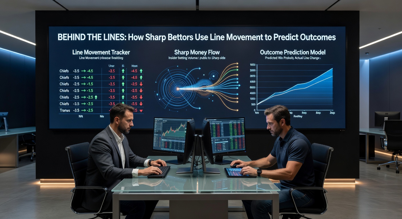 Sharp bettor aan een bureau met meerdere schermen vol odds trackers en grafieken van lijnbewegingen tijdens NBA-playoffs