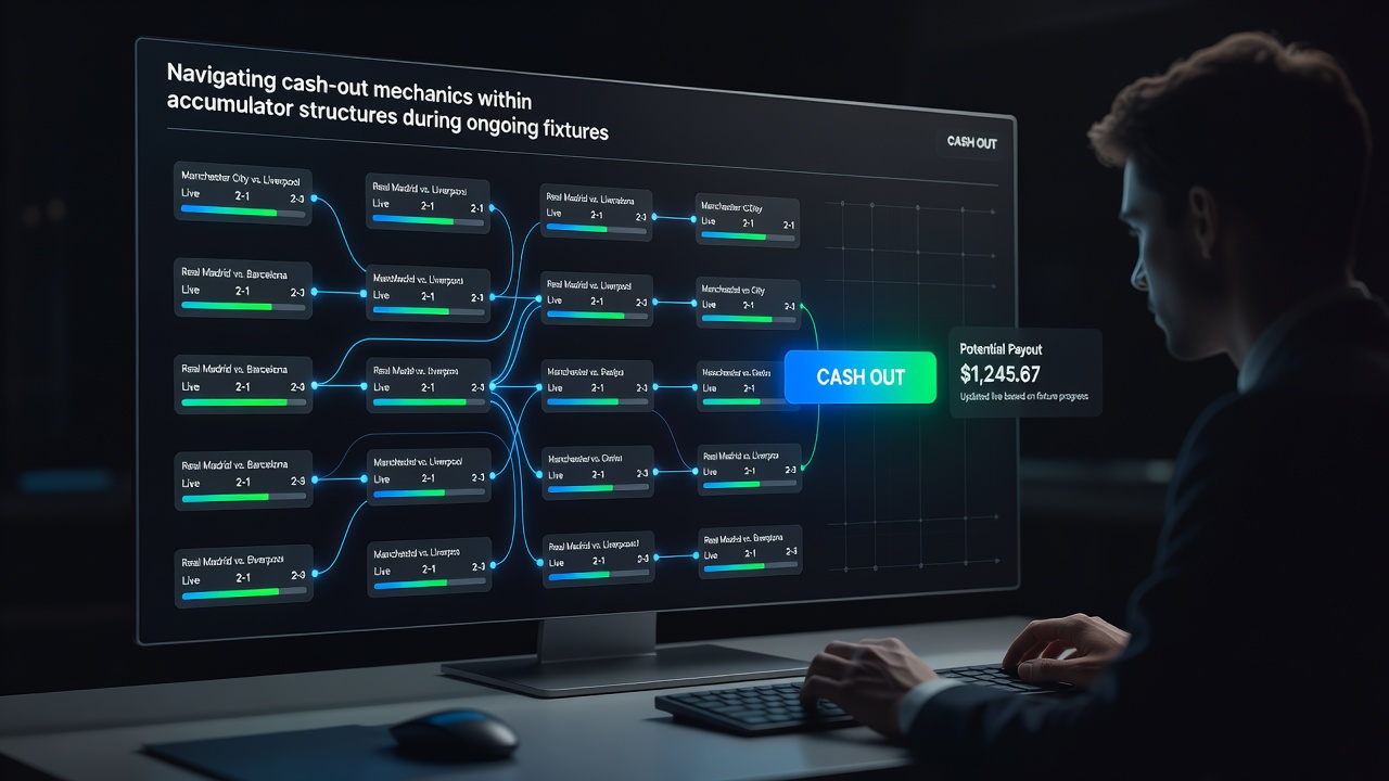 Diagram van live odds bewegingen en cash-out waardes in accumulators tijdens doorlopende wedstrijden
